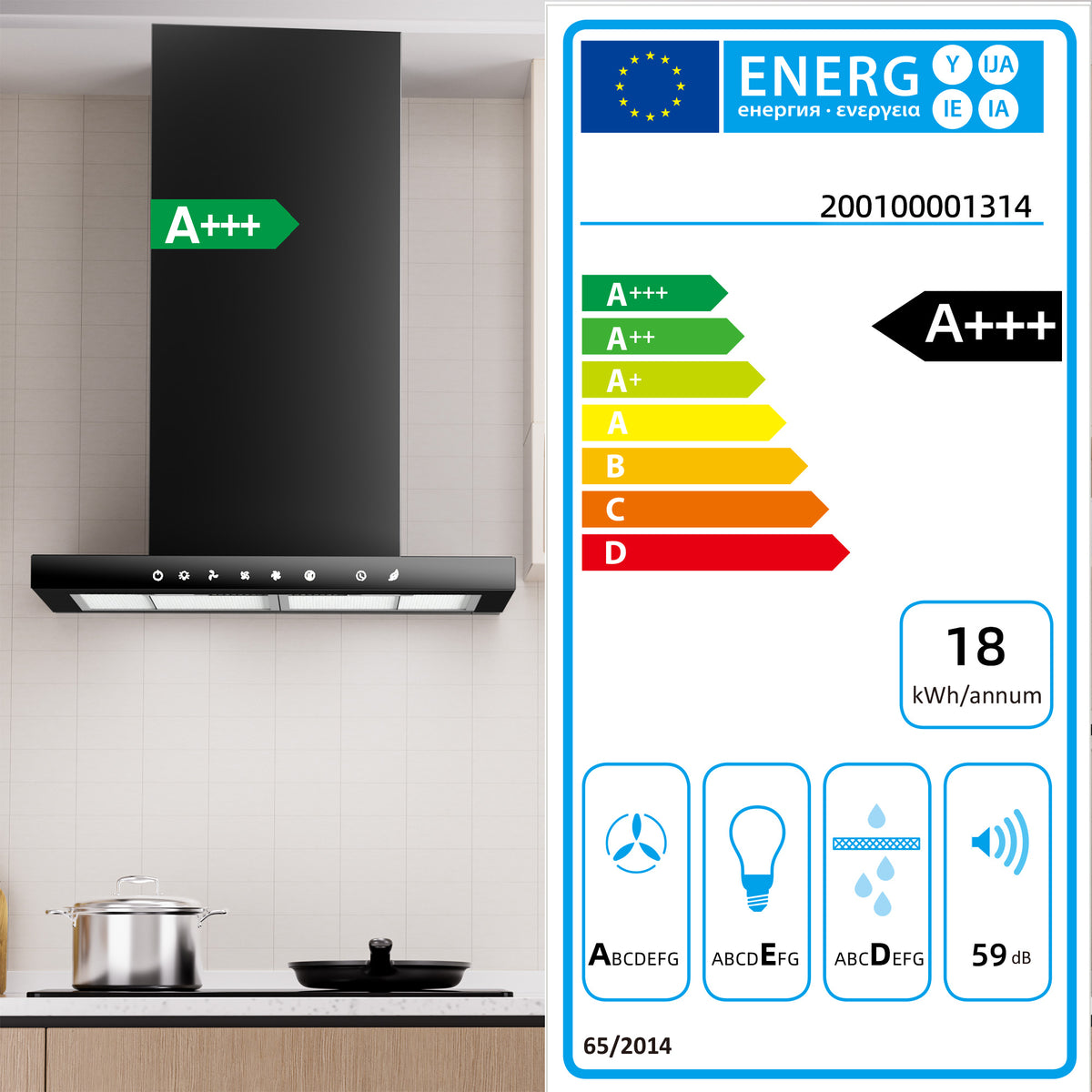 Hotte aspirante A+++ 60 cm recyclage & évacuation avec débit d'air de 750 m³/h, hotte avec 2 filtres à charbon actif, 2 filtres à graisse, 3 vitesses & booster, bande LED, hotte murale, argent & noir