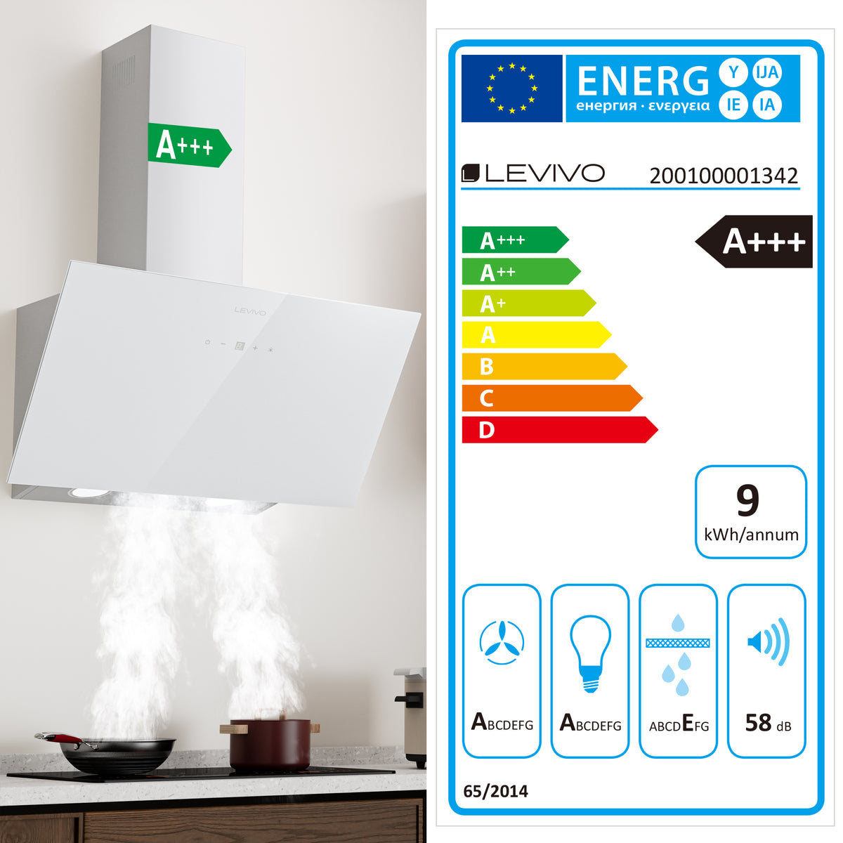 A+++ Angled cooker hood 60cm recirculation & extraction with 420 m³/h air extraction rate, extractor hood with 2 activated carbon filters, 1 grease filter, 3 speeds & booster, 2 LEDs, wall-mounted cooker hoods, black & white