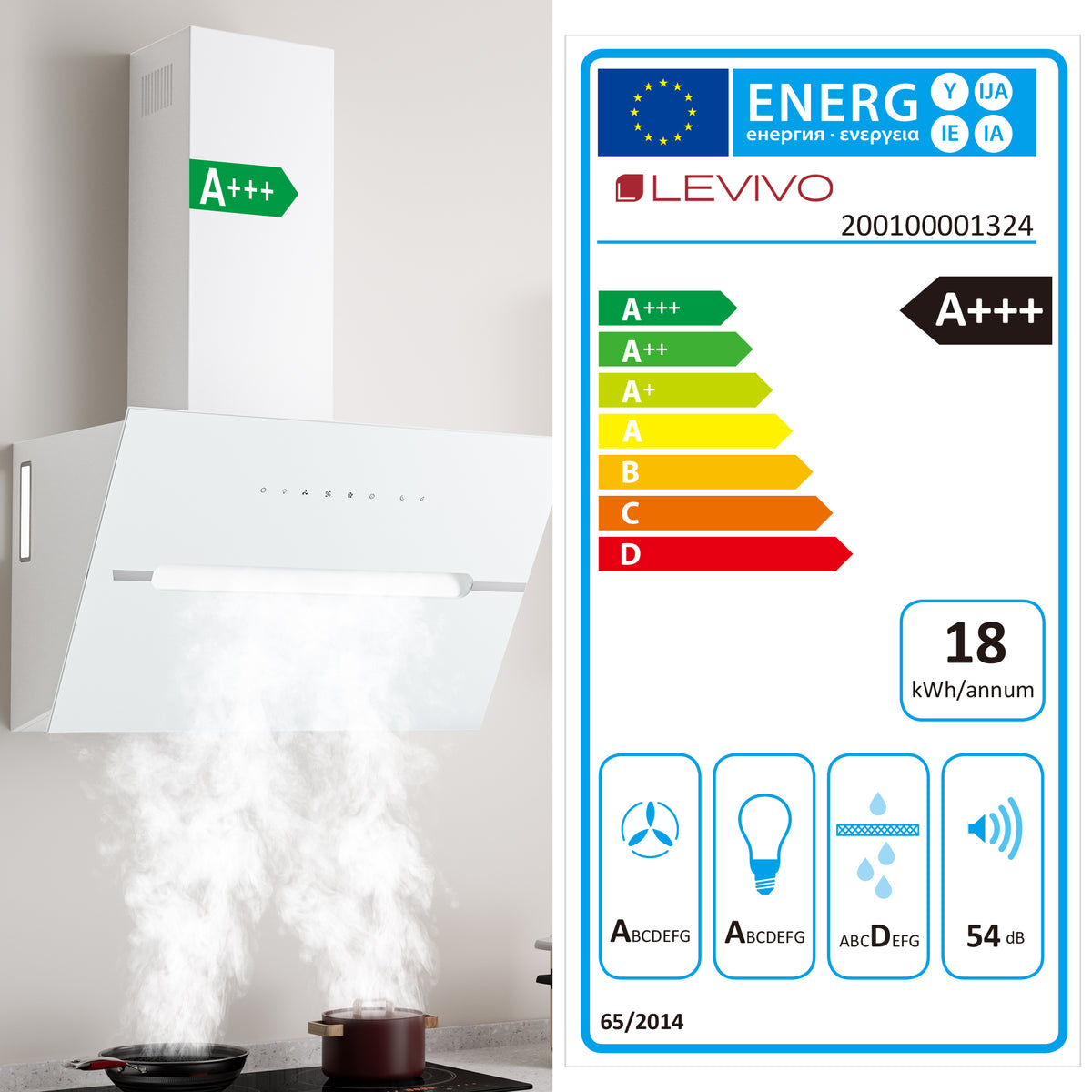 Hotte aspirante inclinée A+++ 60 cm recyclage & évacuation avec débit d'air de 720 m³/h, hotte avec 2 filtres à charbon actif, 1 filtre à graisse, 3 vitesses & booster, 2 LED & RVB, hotte murale, noir & blanc