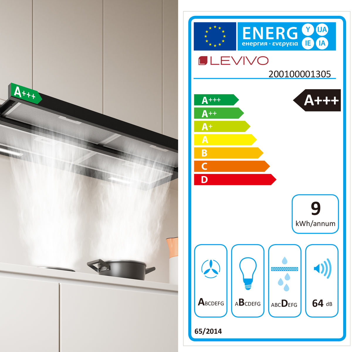 Hotte tiroir A+++ 90 cm en mode évacuation & recyclage avec 400 m³/h, hotte aspirante encastrable avec 2 filtres à charbon actif, 4 filtres à graisse, 2 vitesses, 2 LED, hotte aspirante 60 cm sous meuble, noire