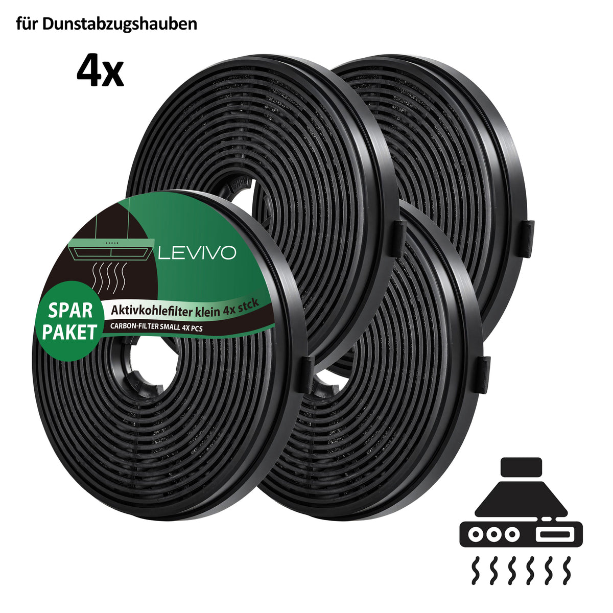 Aktivkohlefilter 4er-Pack, Ersatzfilter für Levivo-Dunstabzugshauben