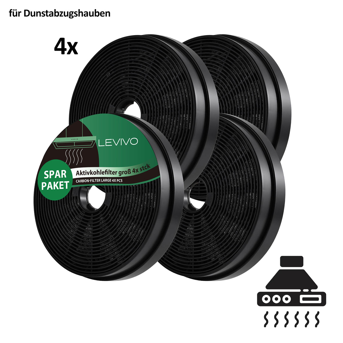 Aktivkohlefilter 4er-Pack, Ersatzfilter für Levivo-Dunstabzugshauben