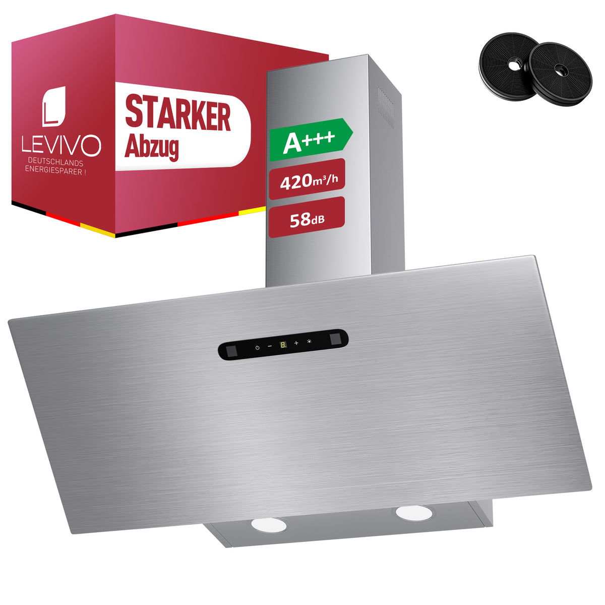 Hotte aspirante inclinée A+++ 60 cm, évacuation et recyclage, débit d'air 420 m³/h, 3 vitesses & booster, 2 LED, hotte avec 2 filtres à charbon actif, 1 filtre à graisse, hotte murale, noir & argent