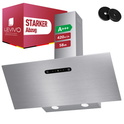 Hotte aspirante inclinée A+++ 60 cm, évacuation et recyclage, débit d'air 420 m³/h, 3 vitesses & booster, 2 LED, hotte avec 2 filtres à charbon actif, 1 filtre à graisse, hotte murale, noir & argent