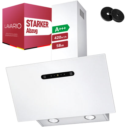 Hotte aspirante inclinée A+++ 60 cm, évacuation et recyclage, débit d'air 420 m³/h, 3 vitesses & booster, 2 LED, hotte avec 2 filtres à charbon actif, 1 filtre à graisse, hotte murale, noir & argent