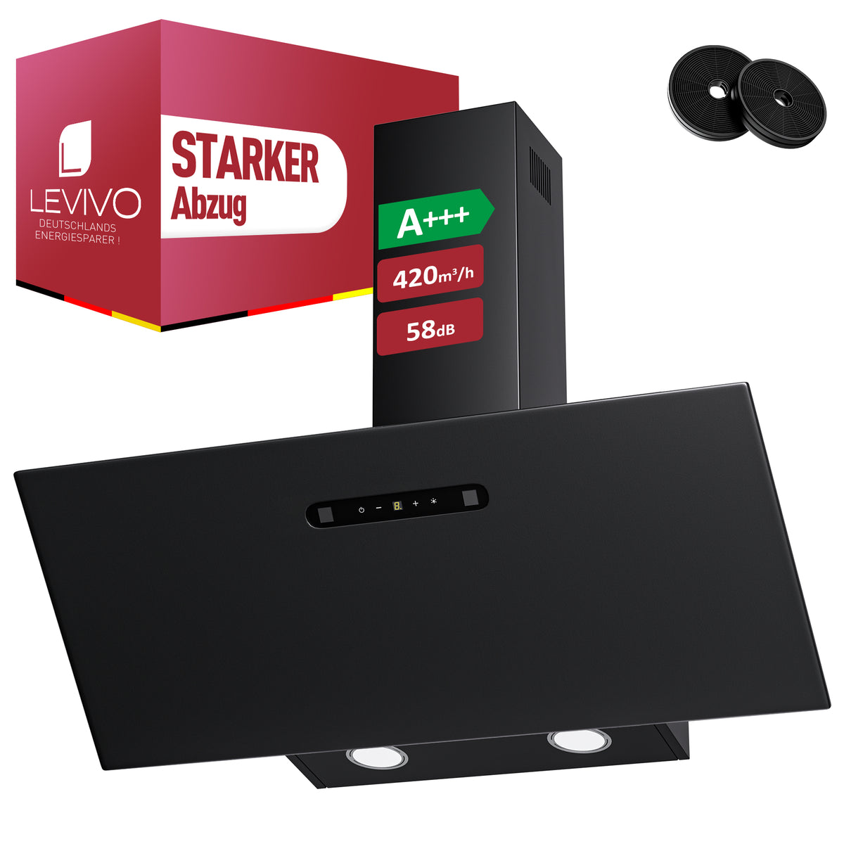 Hotte aspirante inclinée A+++ 60 cm, évacuation et recyclage, débit d'air 420 m³/h, 3 vitesses & booster, 2 LED, hotte avec 2 filtres à charbon actif, 1 filtre à graisse, hotte murale, noir & argent