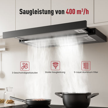 A+++ Flachschirmhaube 60 cm Umluft & Abluft mit 400 m³/h , Einbau Dunstabzugshaube mit 2 Aktivkohlefiltern, 2 Fettfiltern, 2 Stufen, 2 LEDs, Dunstabzugshaube 60cm Unterbau, Schwarz