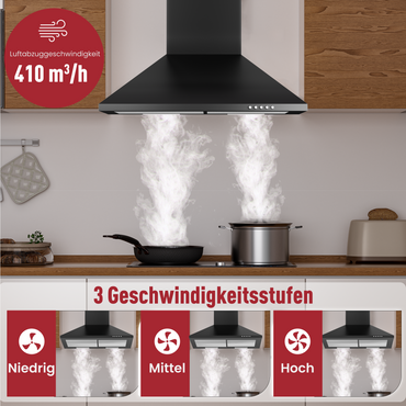 A+++ Dunstabzugshaube 60 cm | Umluft & Abluft mit 410 m³/h Luftleistung | 2 Aktivkohlefilter | 3 Leistungsstufen | LED-Licht