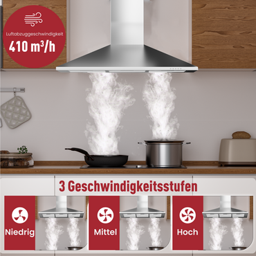 A+++ Dunstabzugshaube 90 cm Umluft & Abluft mit 410 m³/h Luftleistung, Abzugshaube mit 2 Aktivkohlefiltern, 3 Fettfiltern, 3 Leistungsstufen, 2 LEDs, Dunstabzug Wandhauben, Silber & Schwarz