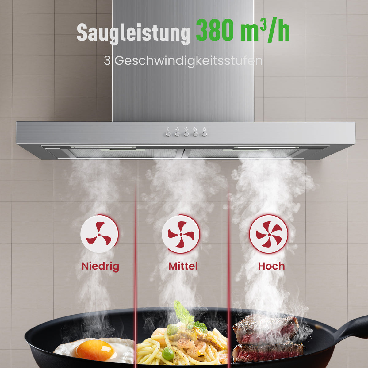 A++ Range Hood 60cm recirculating & ducted with 380 m³/h air extraction, extractor hood with 2 activated carbon filters, 2 grease filters, 3 power levels, 2 LEDs, wall-mounted range hood, silver & black