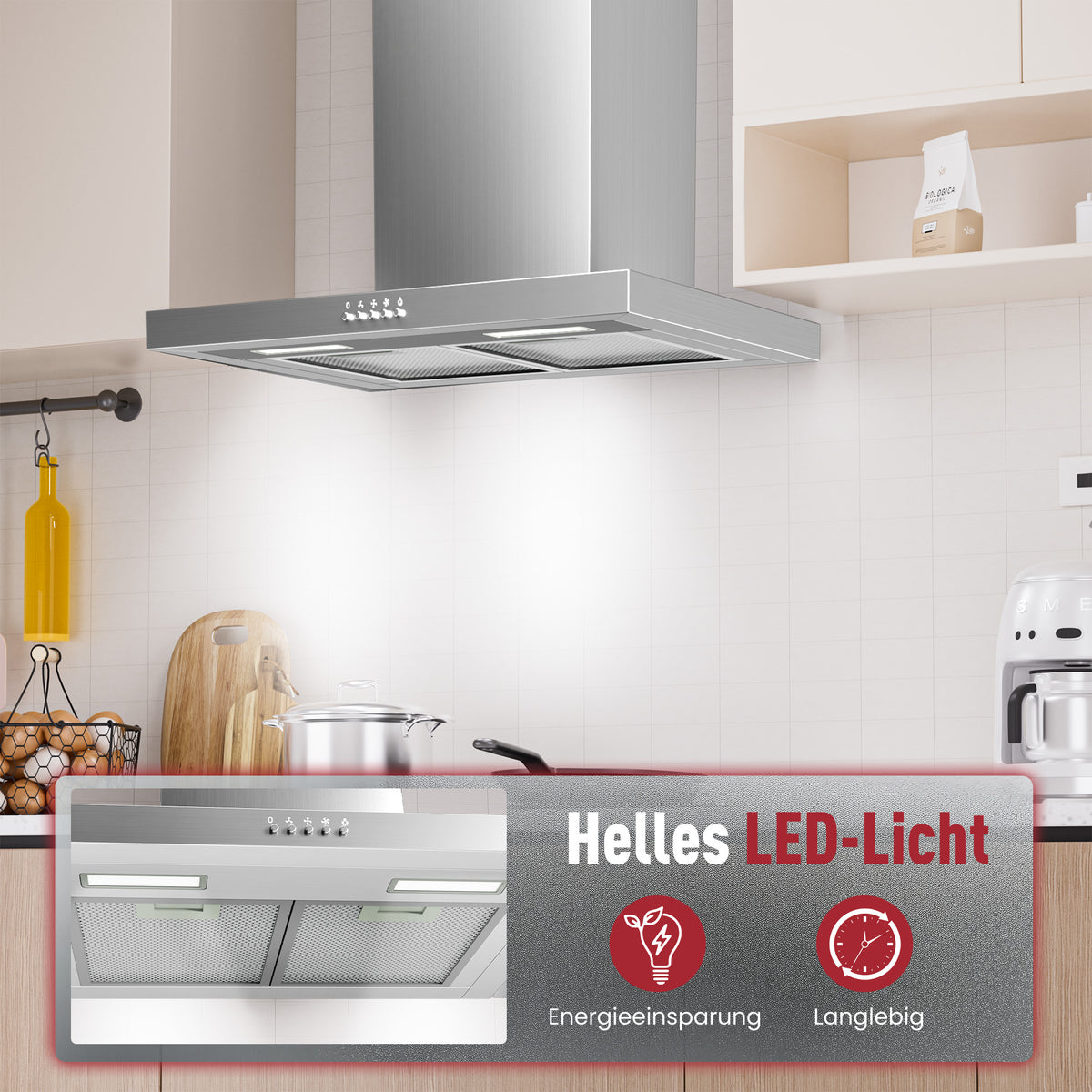 A++ Range Hood 60cm recirculating & ducted with 380 m³/h air extraction, extractor hood with 2 activated carbon filters, 2 grease filters, 3 power levels, 2 LEDs, wall-mounted range hood, silver & black