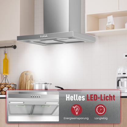 A++ Range Hood 60cm recirculating & ducted with 380 m³/h air extraction, extractor hood with 2 activated carbon filters, 2 grease filters, 3 power levels, 2 LEDs, wall-mounted range hood, silver & black