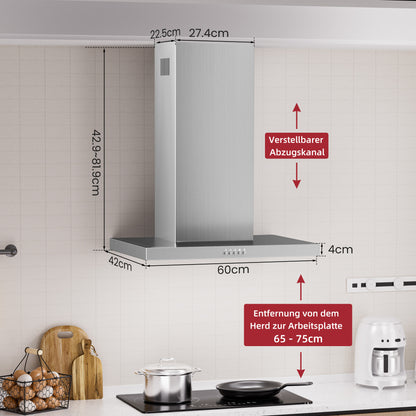 A++ Range Hood 60cm recirculating & ducted with 380 m³/h air extraction, extractor hood with 2 activated carbon filters, 2 grease filters, 3 power levels, 2 LEDs, wall-mounted range hood, silver & black