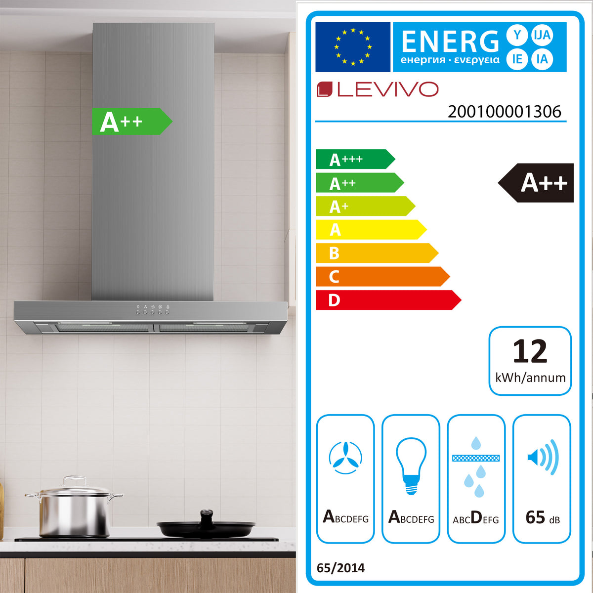 A++ Range Hood 60cm recirculating & ducted with 380 m³/h air extraction, extractor hood with 2 activated carbon filters, 2 grease filters, 3 power levels, 2 LEDs, wall-mounted range hood, silver & black
