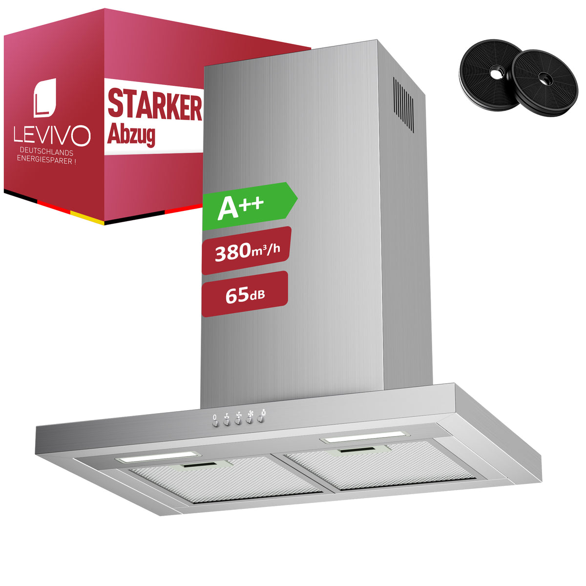 A++ Range Hood 60cm recirculating & ducted with 380 m³/h air extraction, extractor hood with 2 activated carbon filters, 2 grease filters, 3 power levels, 2 LEDs, wall-mounted range hood, silver & black