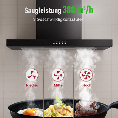 A++ Range Hood 60cm recirculating & ducted with 380 m³/h air extraction, extractor hood with 2 activated carbon filters, 2 grease filters, 3 power levels, 2 LEDs, wall-mounted range hood, silver & black