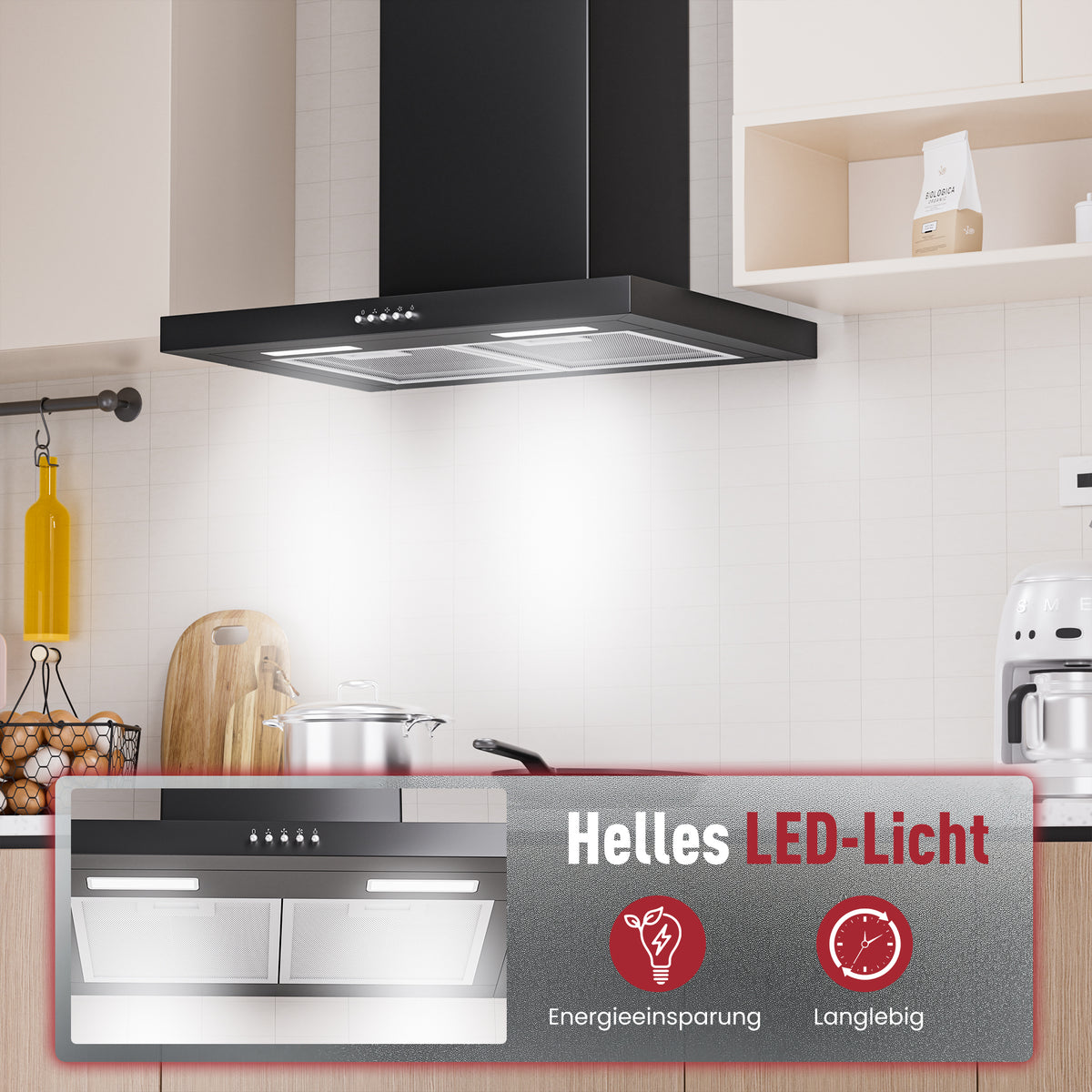 A++ Range Hood 60cm recirculating & ducted with 380 m³/h air extraction, extractor hood with 2 activated carbon filters, 2 grease filters, 3 power levels, 2 LEDs, wall-mounted range hood, silver & black