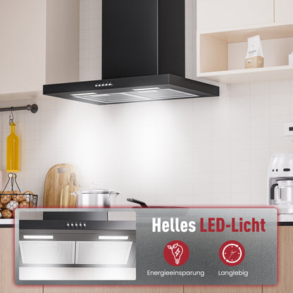 A++ Range Hood 60cm recirculating & ducted with 380 m³/h air extraction, extractor hood with 2 activated carbon filters, 2 grease filters, 3 power levels, 2 LEDs, wall-mounted range hood, silver & black