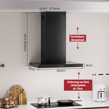 A++ Range Hood 60cm recirculating & ducted with 380 m³/h air extraction, extractor hood with 2 activated carbon filters, 2 grease filters, 3 power levels, 2 LEDs, wall-mounted range hood, silver & black