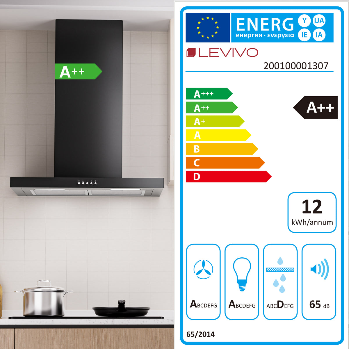 A++ Range Hood 60cm recirculating & ducted with 380 m³/h air extraction, extractor hood with 2 activated carbon filters, 2 grease filters, 3 power levels, 2 LEDs, wall-mounted range hood, silver & black