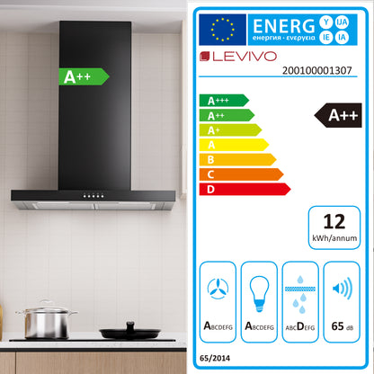 A++ Range Hood 60cm recirculating & ducted with 380 m³/h air extraction, extractor hood with 2 activated carbon filters, 2 grease filters, 3 power levels, 2 LEDs, wall-mounted range hood, silver & black