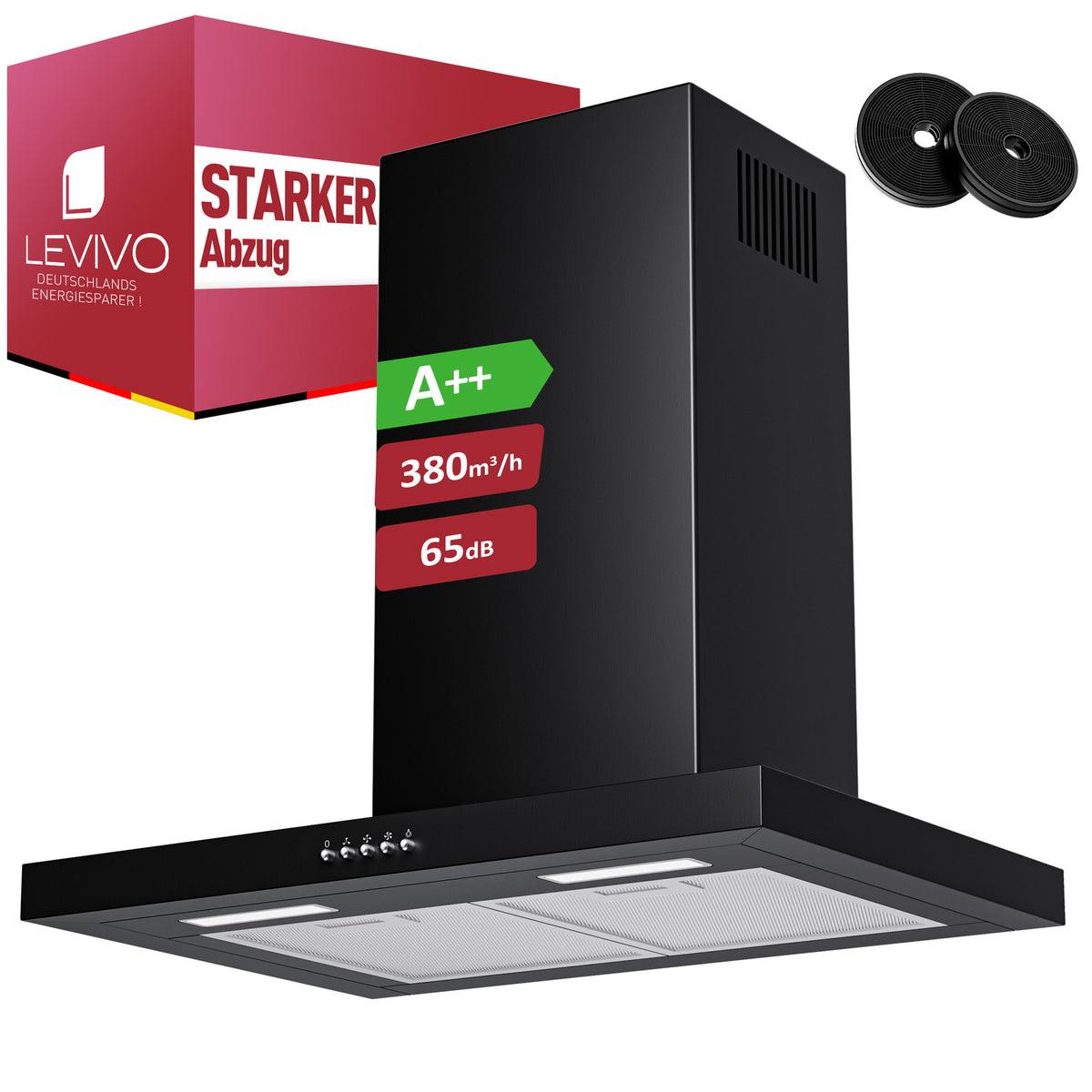 A++ Range Hood 60cm recirculating & ducted with 380 m³/h air extraction, extractor hood with 2 activated carbon filters, 2 grease filters, 3 power levels, 2 LEDs, wall-mounted range hood, silver & black