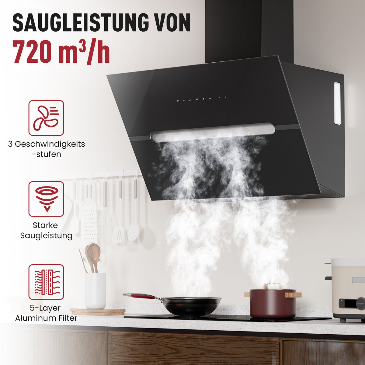 Hotte aspirante inclinée A+++ 60 cm recyclage & évacuation avec débit d'air de 720 m³/h, hotte avec 2 filtres à charbon actif, 1 filtre à graisse, 3 vitesses & booster, 2 LED & RVB, hotte murale, noir & blanc