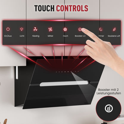 Hotte aspirante inclinée A+++ 60 cm recyclage & évacuation avec débit d'air de 720 m³/h, hotte avec 2 filtres à charbon actif, 1 filtre à graisse, 3 vitesses & booster, 2 LED & RVB, hotte murale, noir & blanc