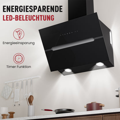 Hotte aspirante inclinée A+++ 60 cm recyclage & évacuation avec débit d'air de 720 m³/h, hotte avec 2 filtres à charbon actif, 1 filtre à graisse, 3 vitesses & booster, 2 LED & RVB, hotte murale, noir & blanc