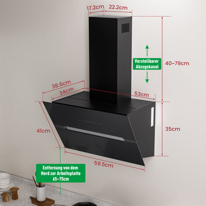 Hotte aspirante inclinée A+++ 60 cm recyclage & évacuation avec débit d'air de 720 m³/h, hotte avec 2 filtres à charbon actif, 1 filtre à graisse, 3 vitesses & booster, 2 LED & RVB, hotte murale, noir & blanc