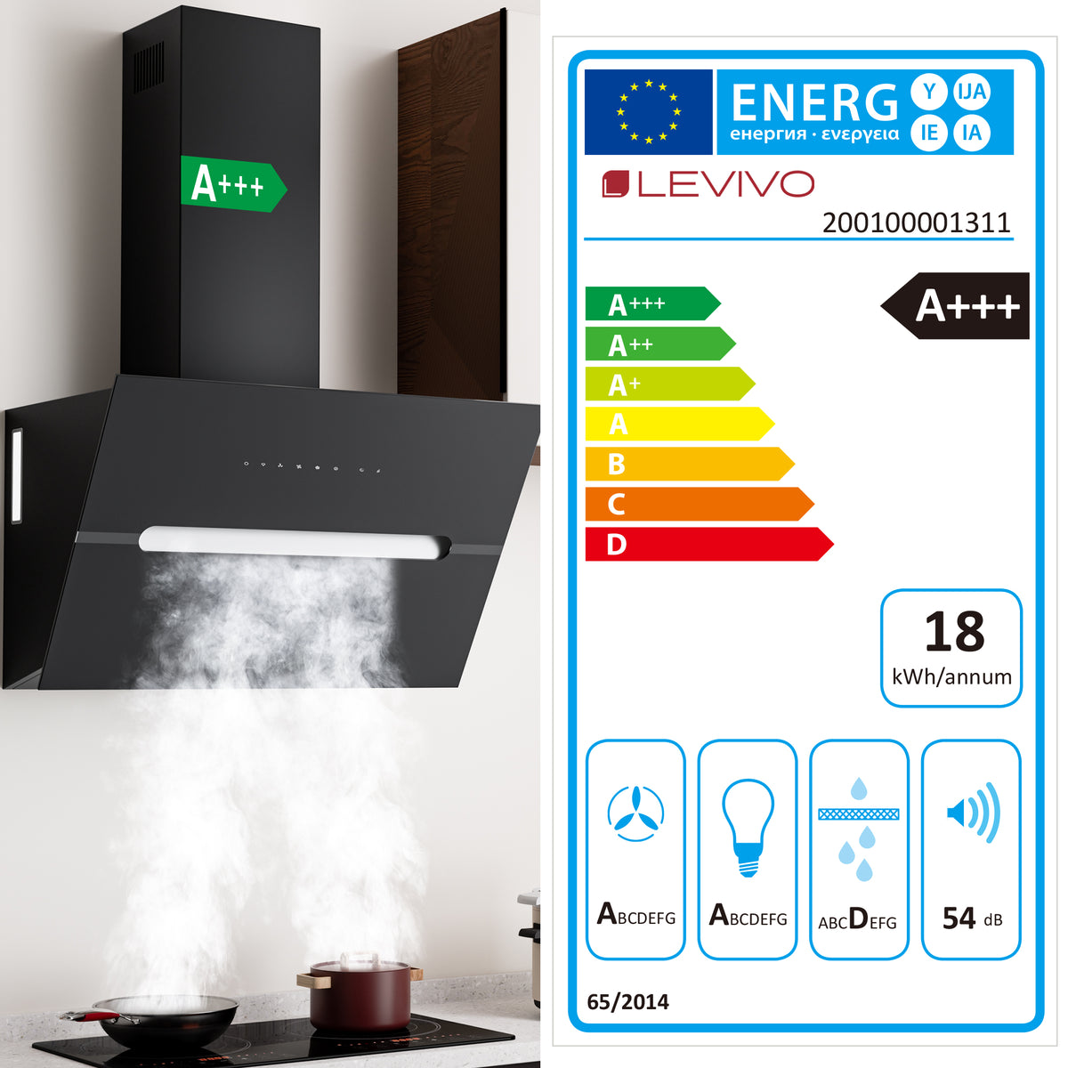 Hotte aspirante inclinée A+++ 60 cm recyclage & évacuation avec débit d'air de 720 m³/h, hotte avec 2 filtres à charbon actif, 1 filtre à graisse, 3 vitesses & booster, 2 LED & RVB, hotte murale, noir & blanc
