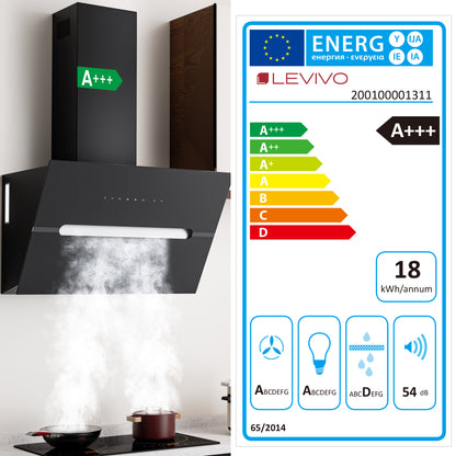 Hotte aspirante inclinée A+++ 60 cm recyclage & évacuation avec débit d'air de 720 m³/h, hotte avec 2 filtres à charbon actif, 1 filtre à graisse, 3 vitesses & booster, 2 LED & RVB, hotte murale, noir & blanc