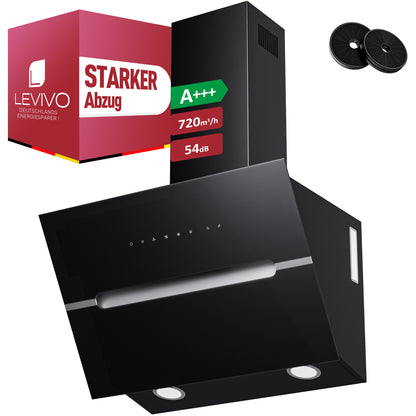 Hotte aspirante inclinée A+++ 60 cm recyclage & évacuation avec débit d'air de 720 m³/h, hotte avec 2 filtres à charbon actif, 1 filtre à graisse, 3 vitesses & booster, 2 LED & RVB, hotte murale, noir & blanc