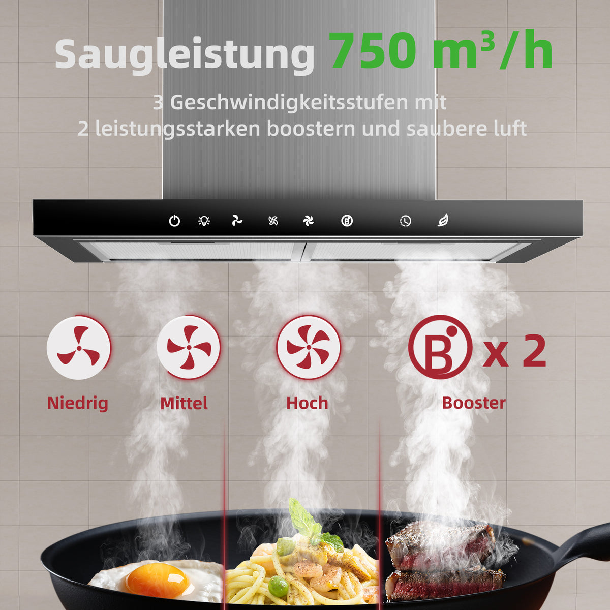 Hotte aspirante A+++ 60 cm recyclage & évacuation avec débit d'air de 750 m³/h, hotte avec 2 filtres à charbon actif, 2 filtres à graisse, 3 vitesses & booster, bande LED, hotte murale, argent & noir
