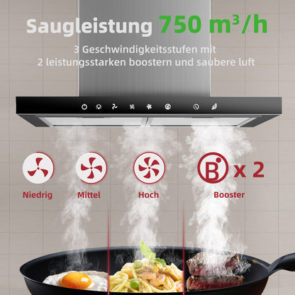 Hotte aspirante A+++ 60 cm recyclage & évacuation avec débit d'air de 750 m³/h, hotte avec 2 filtres à charbon actif, 2 filtres à graisse, 3 vitesses & booster, bande LED, hotte murale, argent & noir