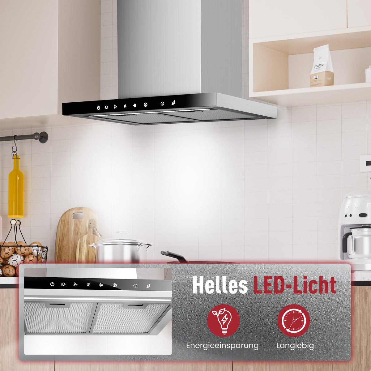 Hotte aspirante A+++ 60 cm recyclage & évacuation avec débit d'air de 750 m³/h, hotte avec 2 filtres à charbon actif, 2 filtres à graisse, 3 vitesses & booster, bande LED, hotte murale, argent & noir