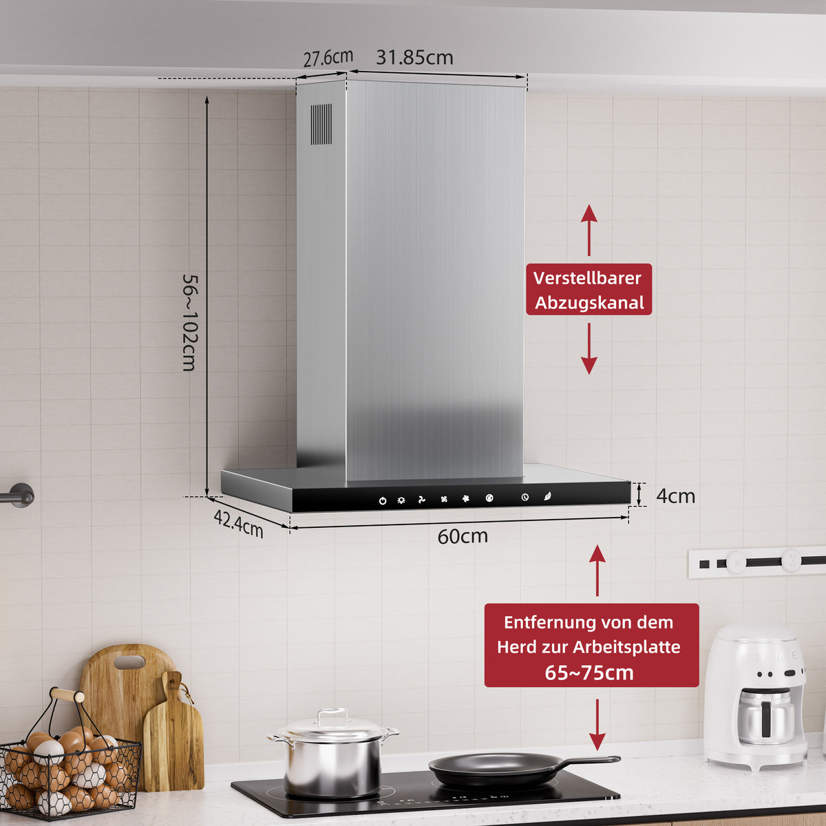 Hotte aspirante A+++ 60 cm recyclage & évacuation avec débit d'air de 750 m³/h, hotte avec 2 filtres à charbon actif, 2 filtres à graisse, 3 vitesses & booster, bande LED, hotte murale, argent & noir