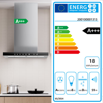 Hotte aspirante A+++ 60 cm recyclage & évacuation avec débit d'air de 750 m³/h, hotte avec 2 filtres à charbon actif, 2 filtres à graisse, 3 vitesses & booster, bande LED, hotte murale, argent & noir