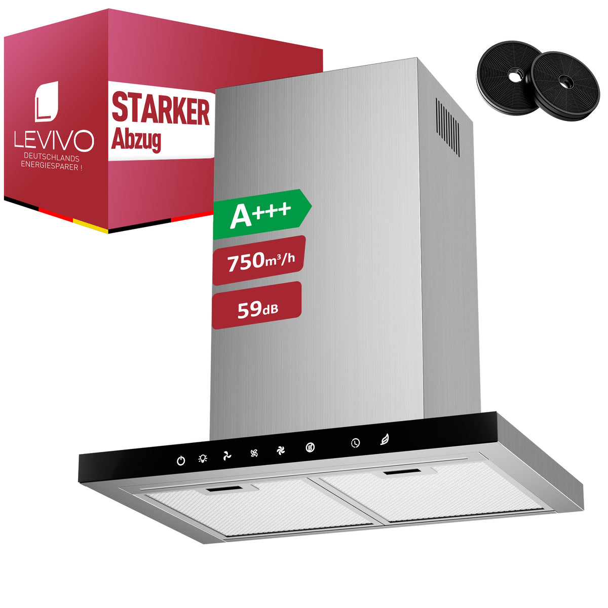 Hotte aspirante A+++ 60 cm recyclage & évacuation avec débit d'air de 750 m³/h, hotte avec 2 filtres à charbon actif, 2 filtres à graisse, 3 vitesses & booster, bande LED, hotte murale, argent & noir