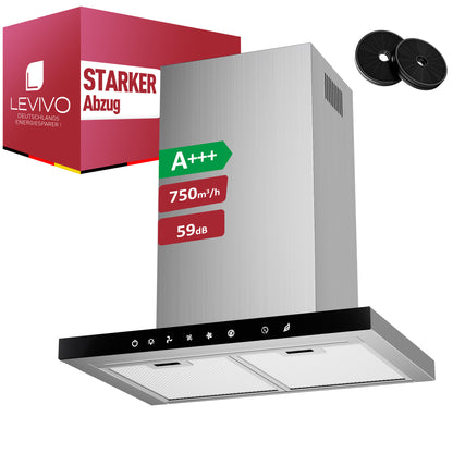 Hotte aspirante A+++ 60 cm recyclage & évacuation avec débit d'air de 750 m³/h, hotte avec 2 filtres à charbon actif, 2 filtres à graisse, 3 vitesses & booster, bande LED, hotte murale, argent & noir