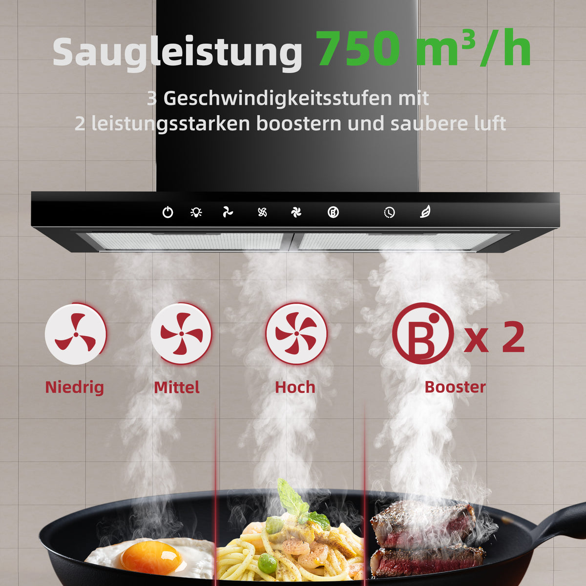 Hotte aspirante A+++ 60 cm recyclage & évacuation avec débit d'air de 750 m³/h, hotte avec 2 filtres à charbon actif, 2 filtres à graisse, 3 vitesses & booster, bande LED, hotte murale, argent & noir