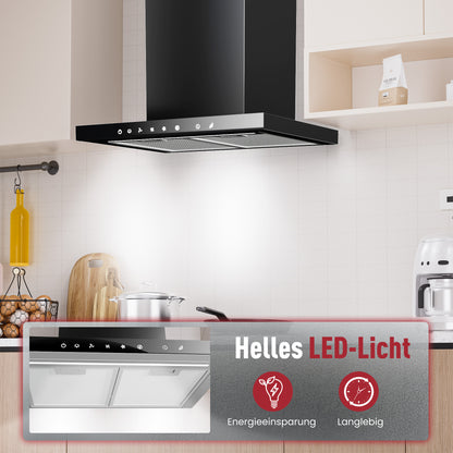 Hotte aspirante A+++ 60 cm recyclage & évacuation avec débit d'air de 750 m³/h, hotte avec 2 filtres à charbon actif, 2 filtres à graisse, 3 vitesses & booster, bande LED, hotte murale, argent & noir
