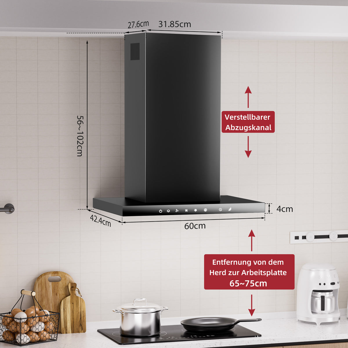 Hotte aspirante A+++ 60 cm recyclage & évacuation avec débit d'air de 750 m³/h, hotte avec 2 filtres à charbon actif, 2 filtres à graisse, 3 vitesses & booster, bande LED, hotte murale, argent & noir