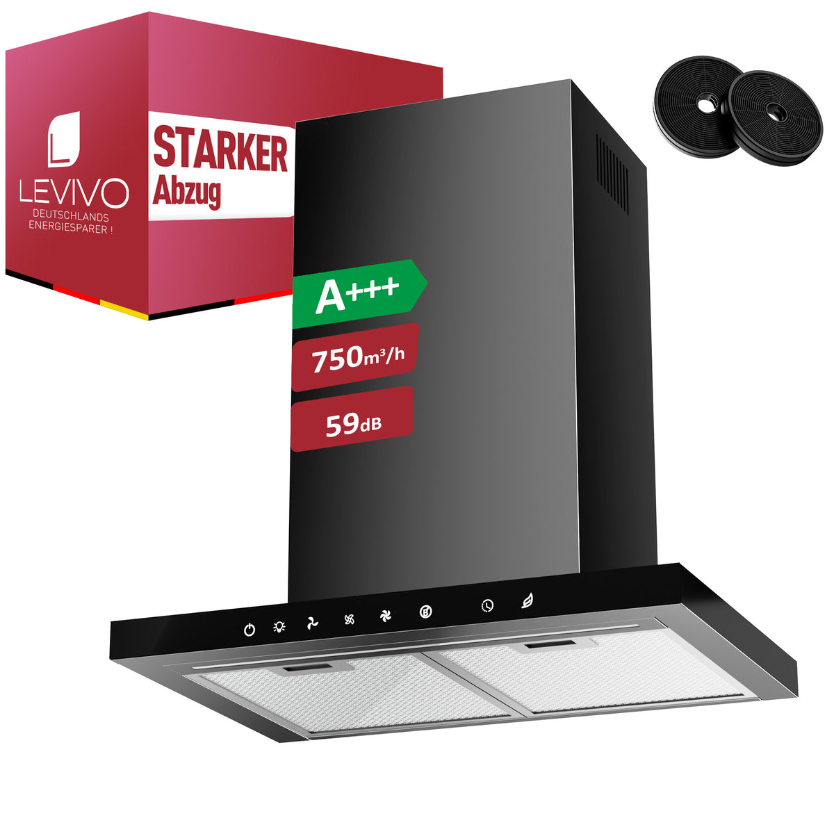 Hotte aspirante A+++ 60 cm recyclage & évacuation avec débit d'air de 750 m³/h, hotte avec 2 filtres à charbon actif, 2 filtres à graisse, 3 vitesses & booster, bande LED, hotte murale, argent & noir