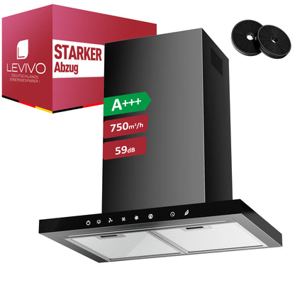 Hotte aspirante A+++ 60 cm recyclage & évacuation avec débit d'air de 750 m³/h, hotte avec 2 filtres à charbon actif, 2 filtres à graisse, 3 vitesses & booster, bande LED, hotte murale, argent & noir