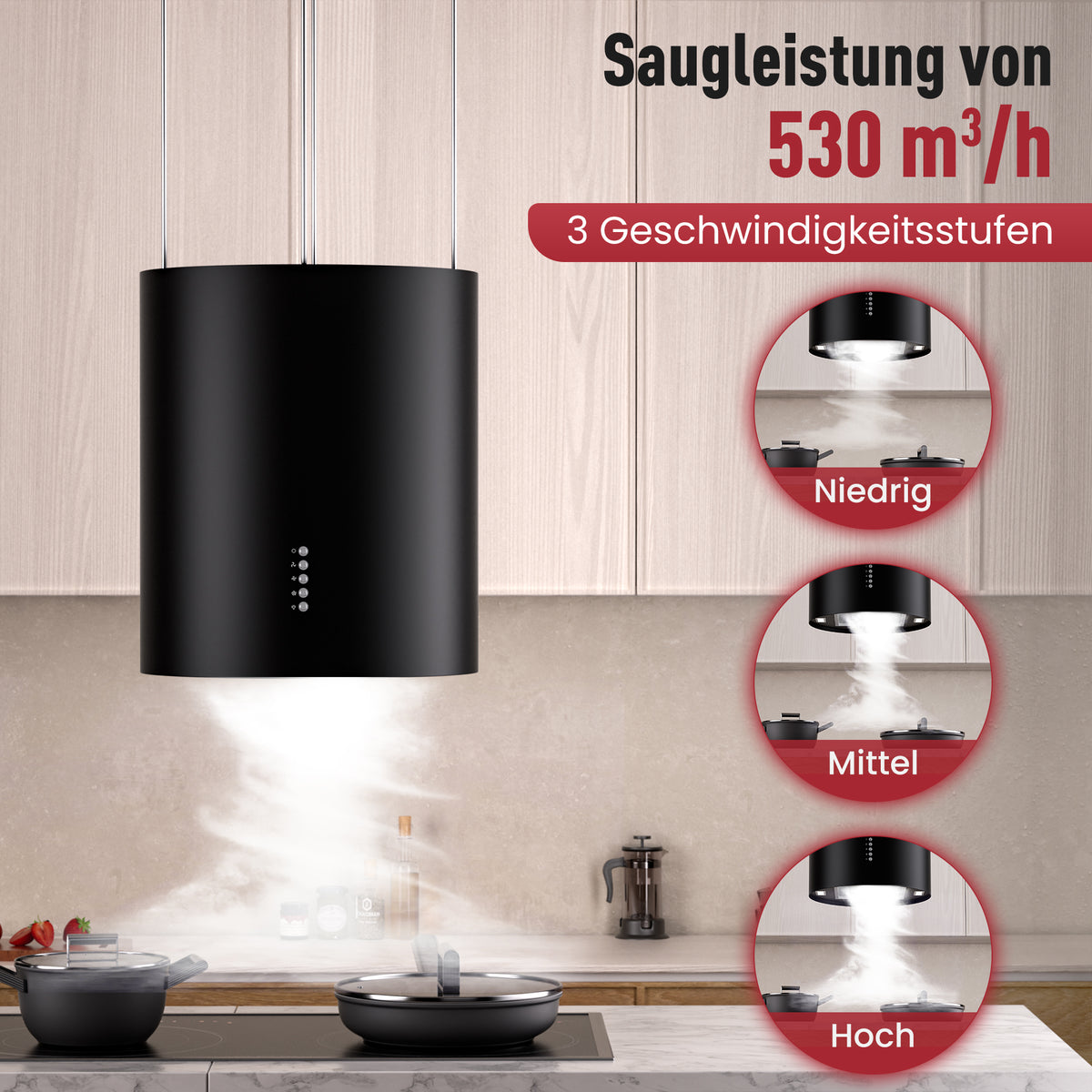 A+ Island hood, recirculating, ceiling-mounted with 530 m³/h extraction rate, island extractor hood with 2 activated carbon filters, 1 grease filter, 3 speeds & booster, 2 LEDs, extractor hood, silver & black