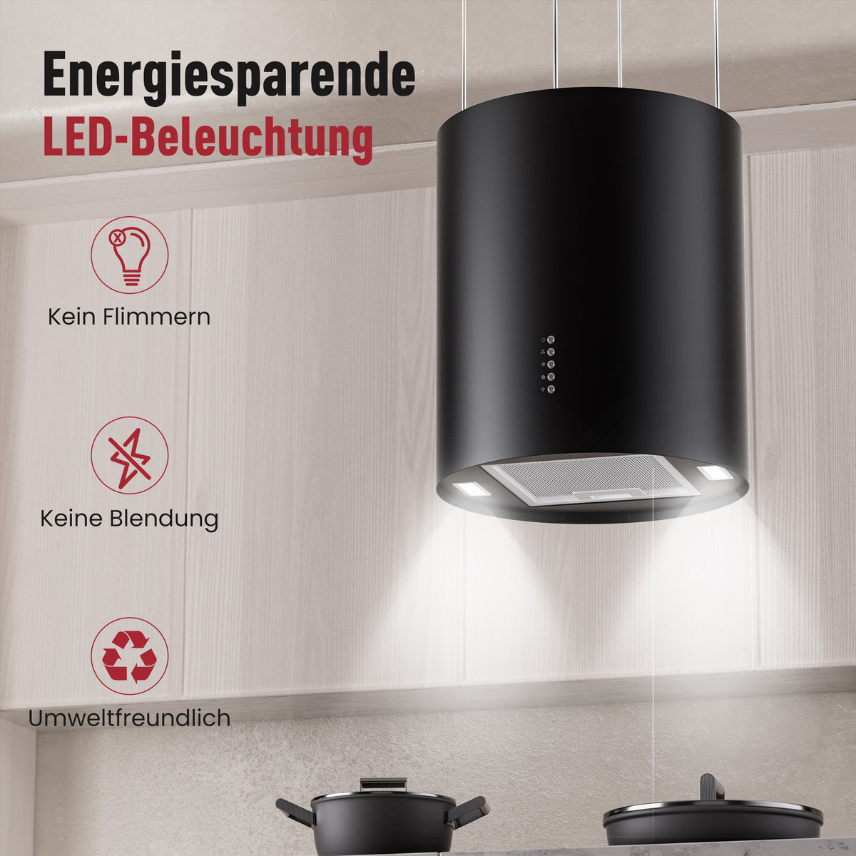 A+ Island hood, recirculating, ceiling-mounted with 530 m³/h extraction rate, island extractor hood with 2 activated carbon filters, 1 grease filter, 3 speeds & booster, 2 LEDs, extractor hood, silver & black