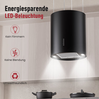 A+ Island hood, recirculating, ceiling-mounted with 530 m³/h extraction rate, island extractor hood with 2 activated carbon filters, 1 grease filter, 3 speeds & booster, 2 LEDs, extractor hood, silver & black