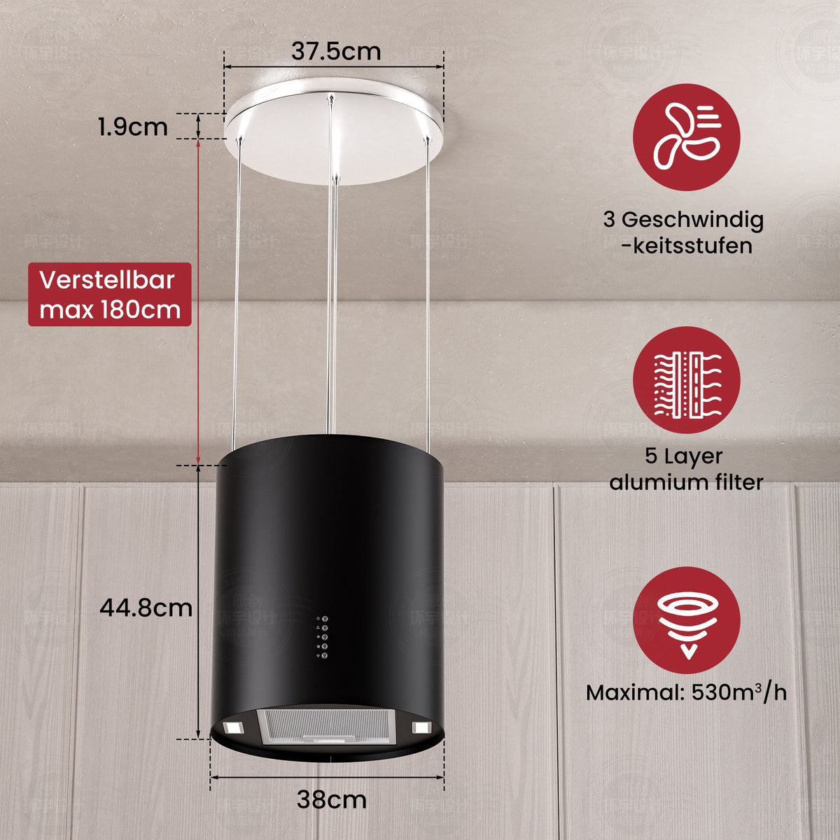 A+ Island hood, recirculating, ceiling-mounted with 530 m³/h extraction rate, island extractor hood with 2 activated carbon filters, 1 grease filter, 3 speeds & booster, 2 LEDs, extractor hood, silver & black