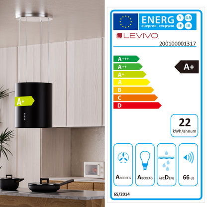 A+ Island hood, recirculating, ceiling-mounted with 530 m³/h extraction rate, island extractor hood with 2 activated carbon filters, 1 grease filter, 3 speeds & booster, 2 LEDs, extractor hood, silver & black